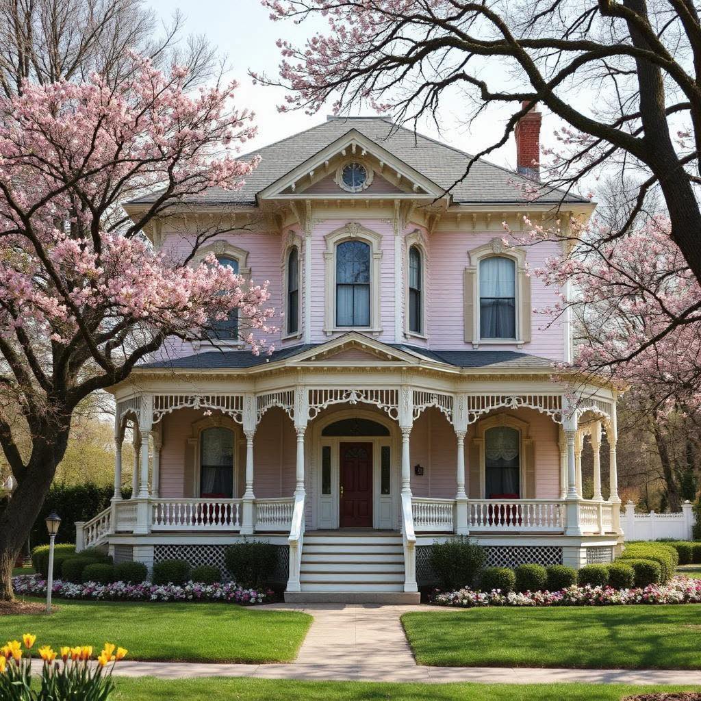 Pink Victorian house with white trim and porch surrounded by spring cherry blossoms