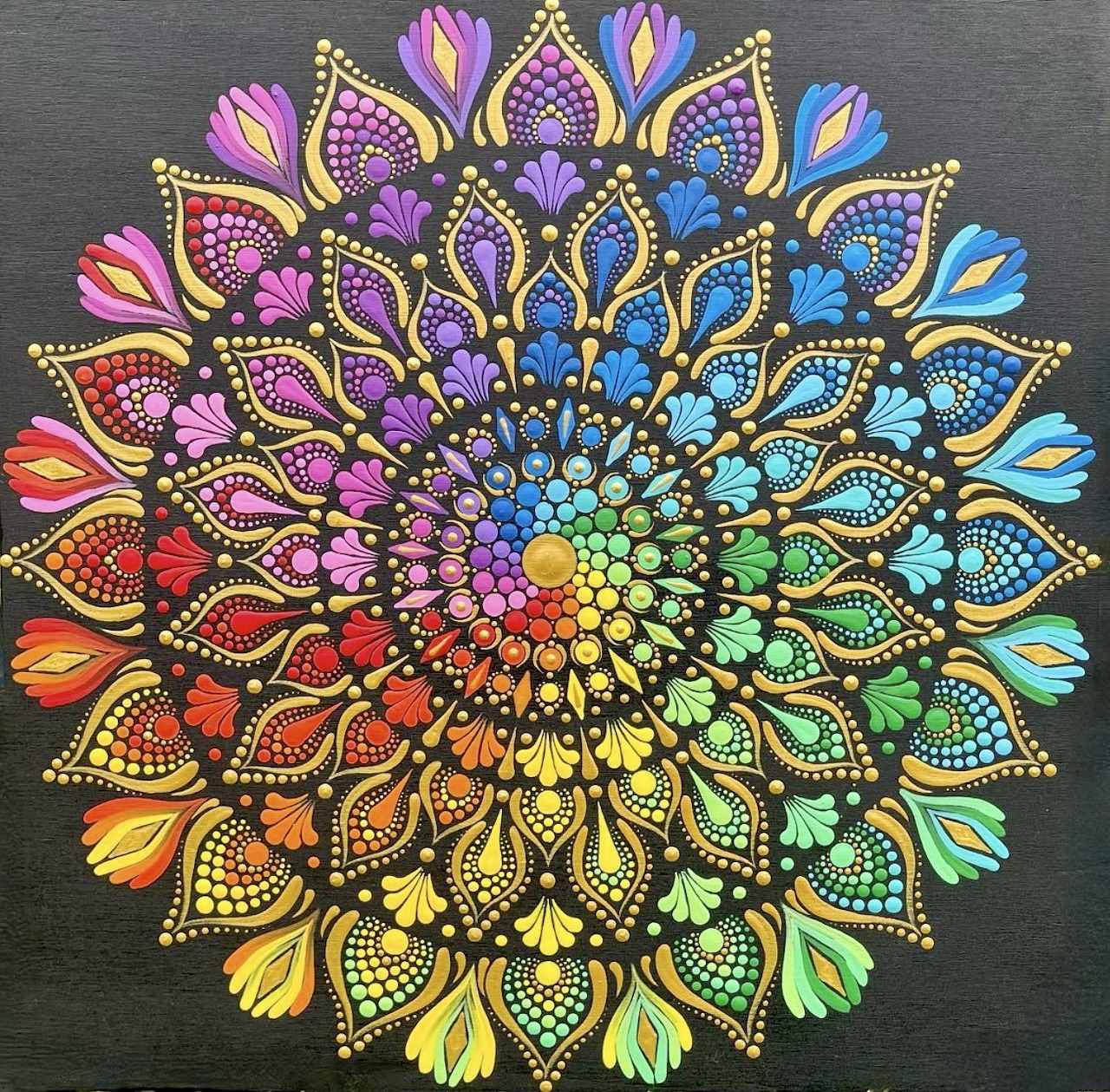 Colorful rainbow mandala with symmetrical lotus petals in dot painting style on dark gray background