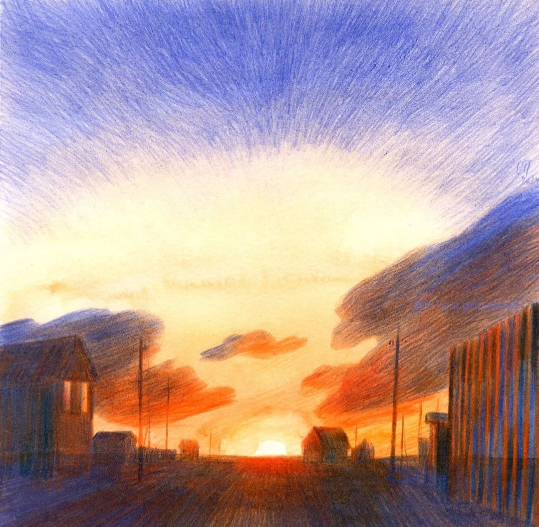 Stylized sunset over a quiet street with silhouetted buildings and utility poles