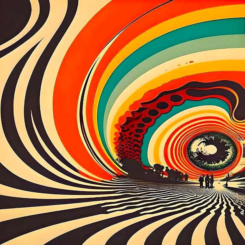 Abstract psychedelic spiral tunnel with rainbow bands, wavy stripes, and small silhouetted people