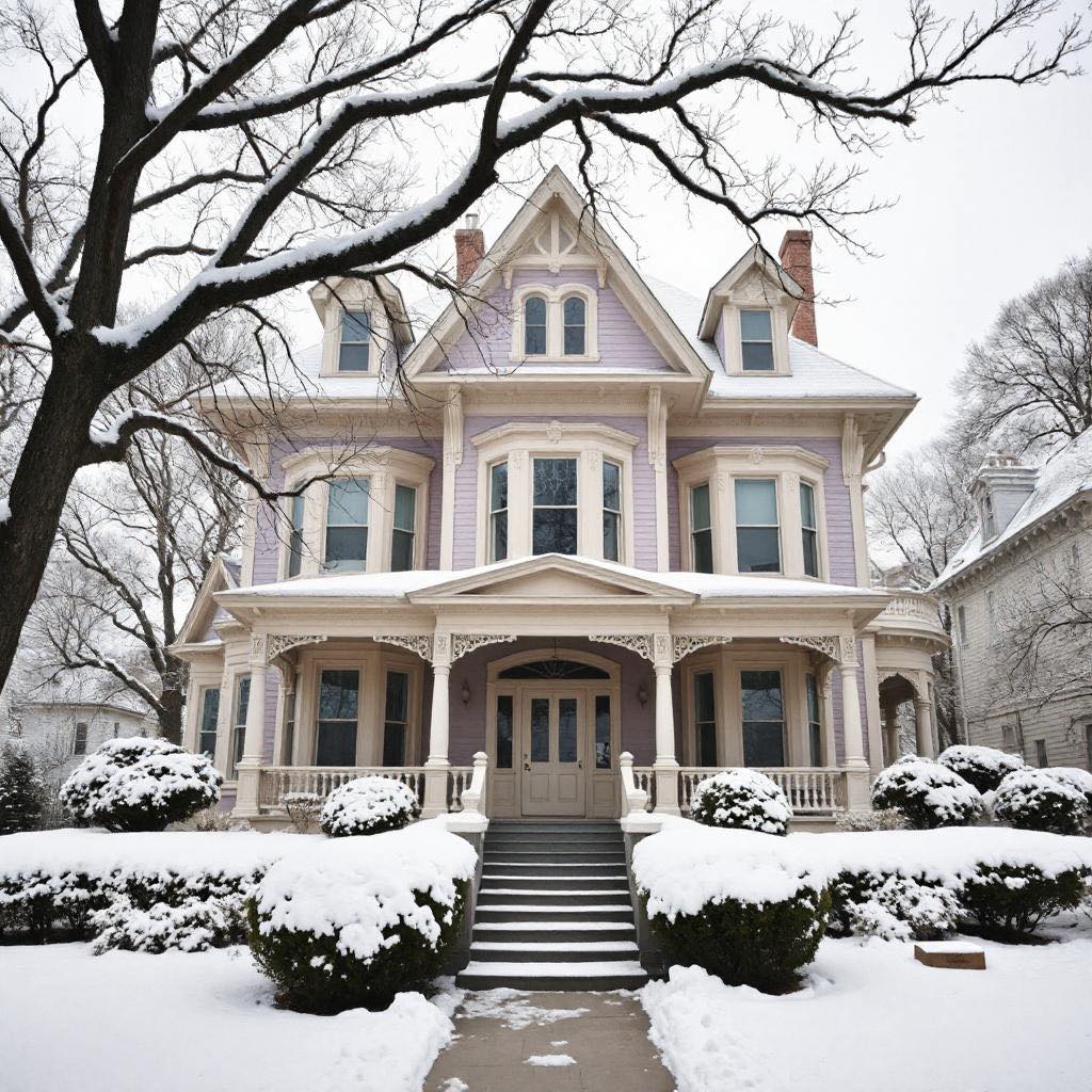 Victorian house with porch, steps, and snow-covered hedges in winter