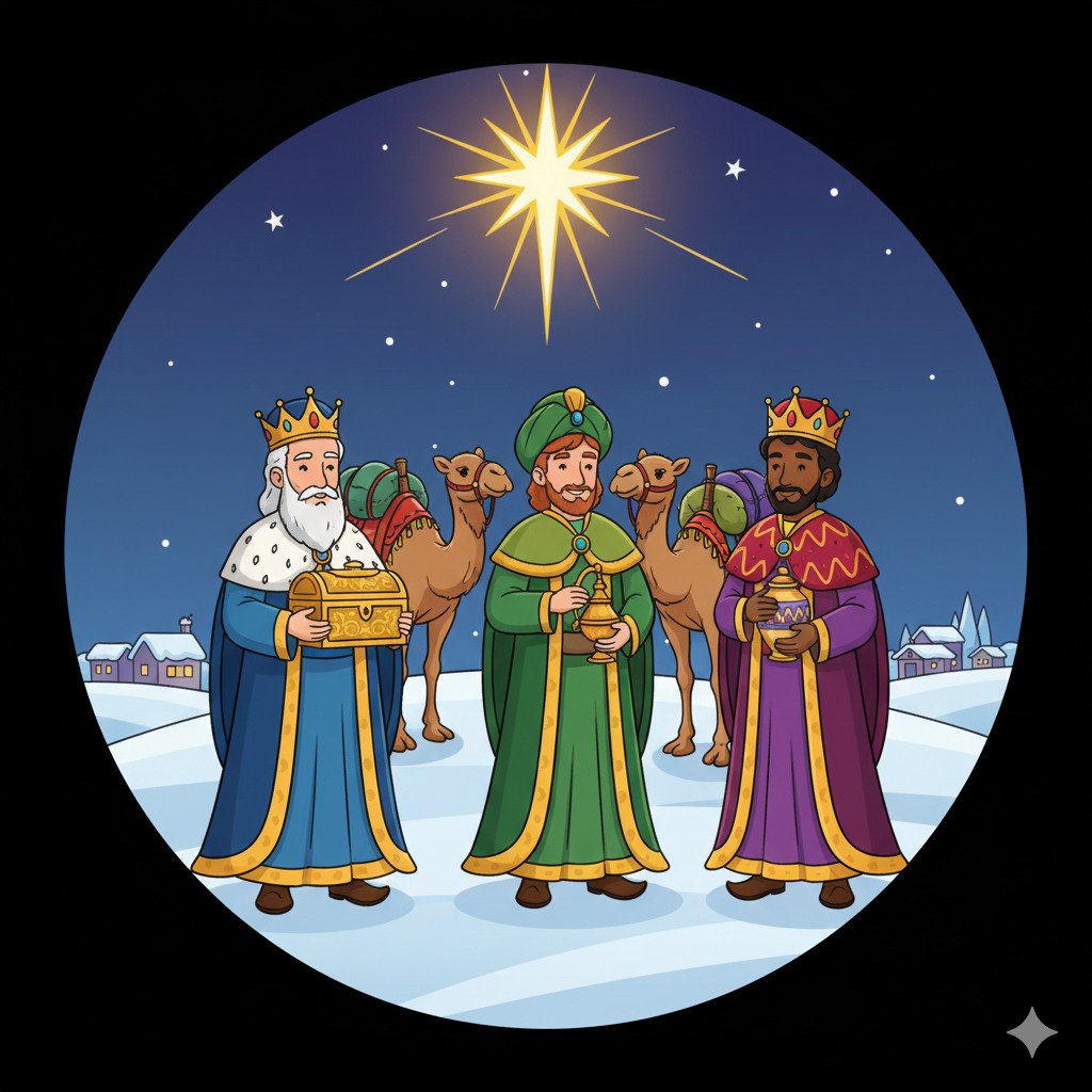 Three wise men in colorful robes holding gifts under a bright star in a winter night sky