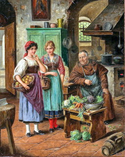 Oil painting of two women and a monk sorting vegetables in a historic monastery kitchen