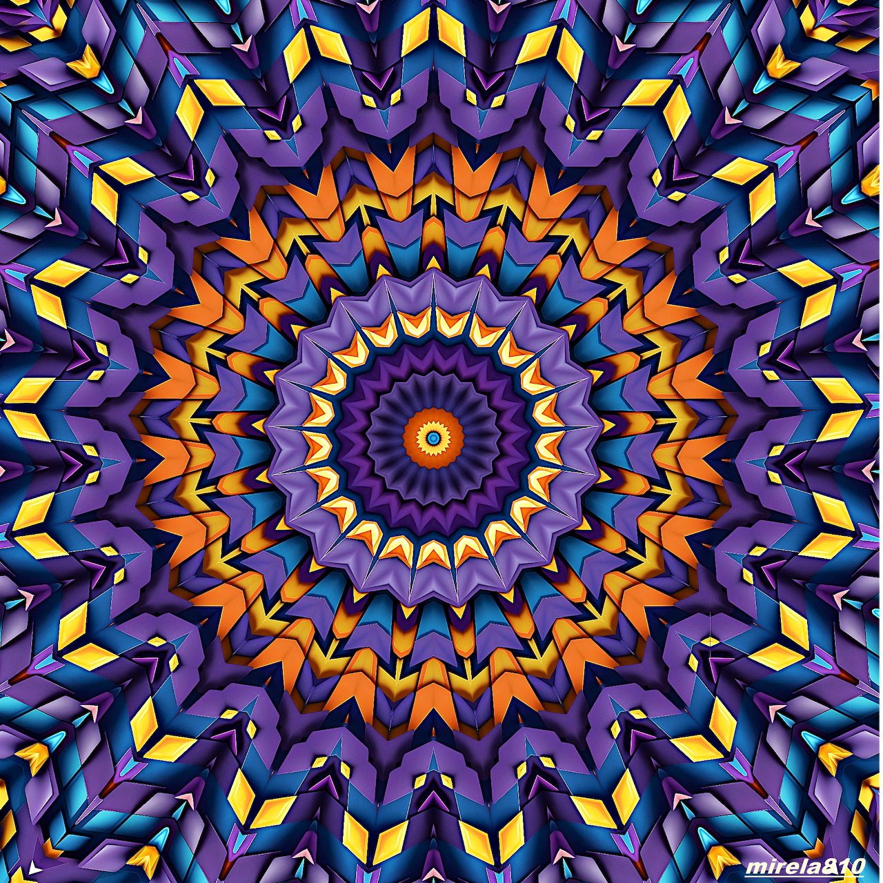Colorful symmetrical mandala with purple, orange, yellow and blue geometric patterns radiating from center