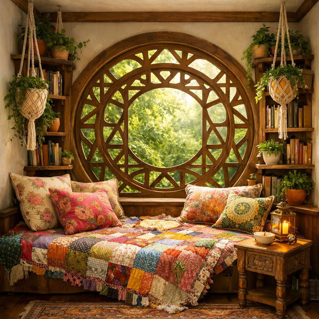 Cozy nook with large circular wooden window, colorful patchwork bedding, plants, and bookshelves