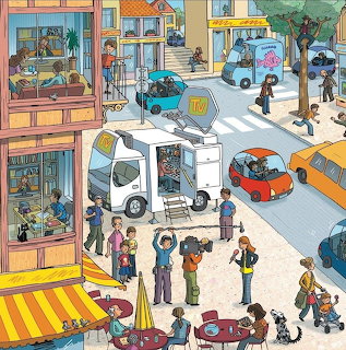 Cartoon city street with a TV van, cars, pedestrians, apartment windows, and an outdoor cafe