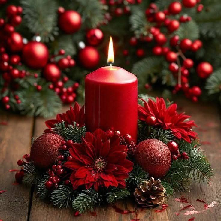 Red pillar candle in a Christmas centerpiece with pine branches, red flowers, berries, and ornaments