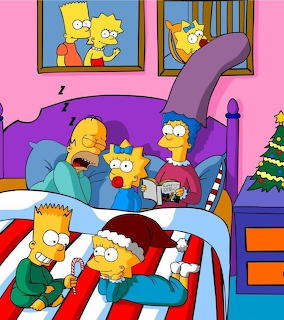 Cartoon family sitting together on purple couch in living room with Christmas tree and holiday decorations