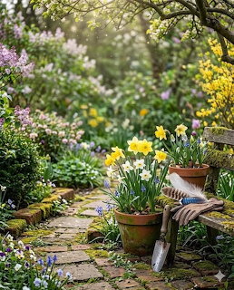 Stone garden path with blooming flowers, potted daffodils, and a bench in a lush spring garden