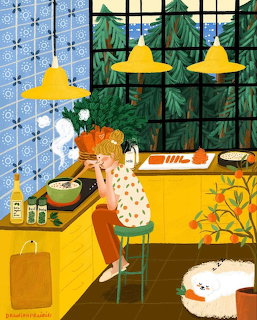 Illustration of a redhead woman sitting at a yellow kitchen counter with plants, blue tiles, and a white dog sleeping nearby
