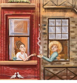 Illustration of two women chating from neighboring apartment windows with doves on the ledge