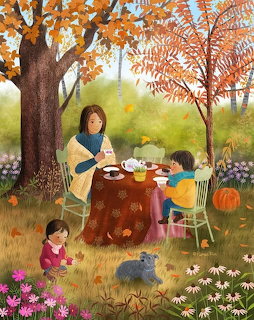Illustration of a woman and two children at an autumn tea table in a garden with flowers and a rabbit
