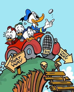 Donald Duck driving red car with three nephews over hill above wooden bridge