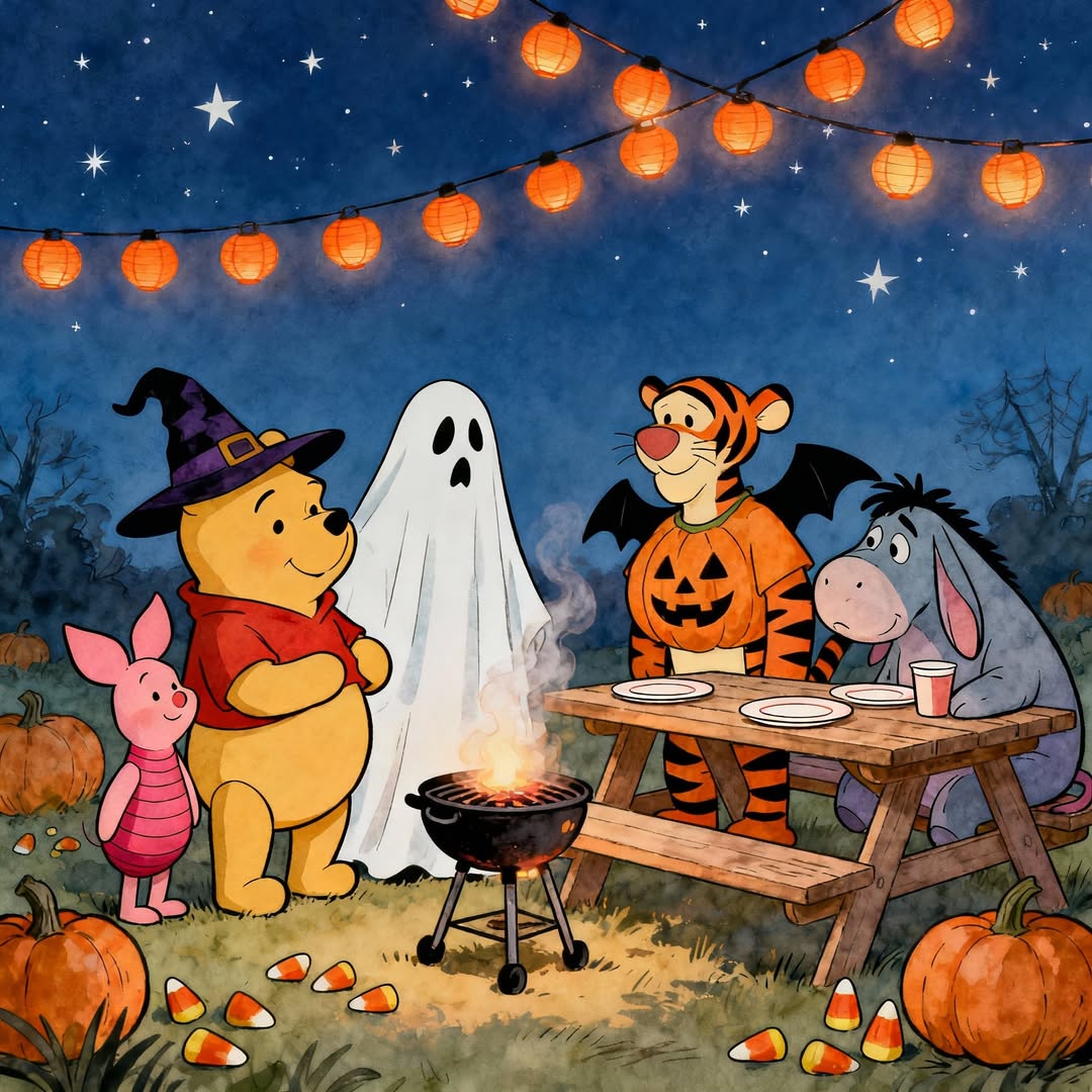 Winnie the Pooh, Piglet, Tigger and Eeyore in Halloween costumes with pumpkins and decorations under night sky