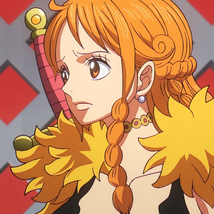 Anime girl with orange hair in braids, brown eyes, and yellow feathered collar on red background