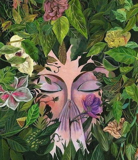 Illustrated serene face with closed eyes framed by dense green foliage and colorful flowers