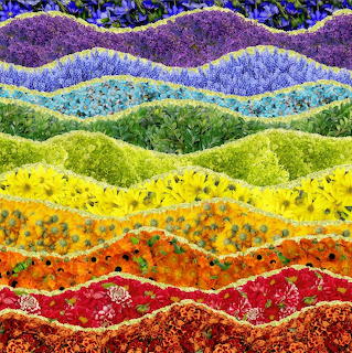 Textile art with rainbow-colored horizontal wavy stripes, textured fabric and decorative stitching in each layer