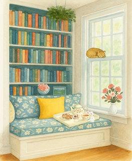 Cozy reading nook with window seat, bookshelves, floral cushions, and cat sleeping on sunny windowsill