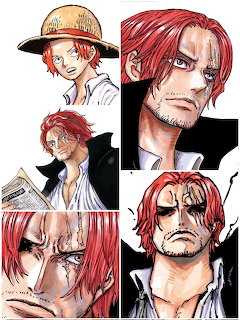 Anime collage of red-haired man with scars in various poses and expressions
