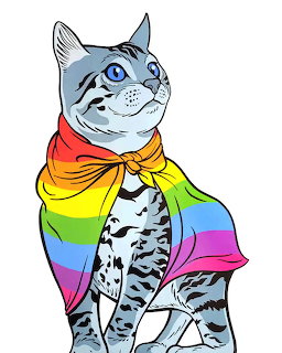 Gray tabby cat wearing a colorful rainbow pride flag cape
