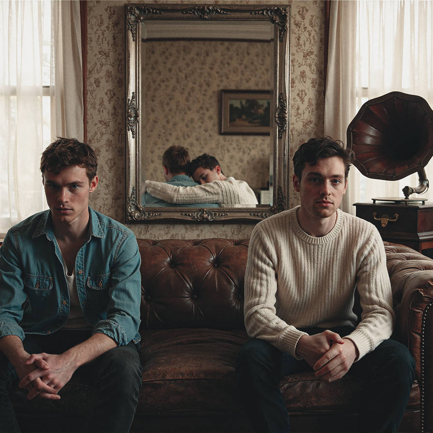 Two men sitting on a brown leather sofa in a vintage room with a mirror and gramophone