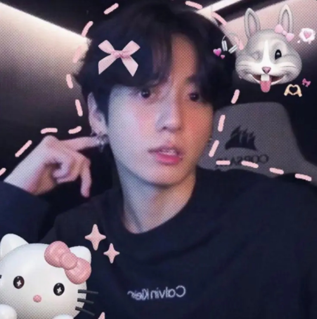 Close-up selfie of Jungkook with pink doodles and cartoon cat stickers