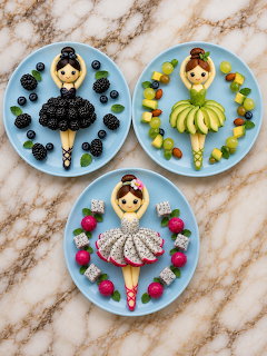 Three blue plates with fruit art balerinas made from pancakes and various fruits arranged as dresses