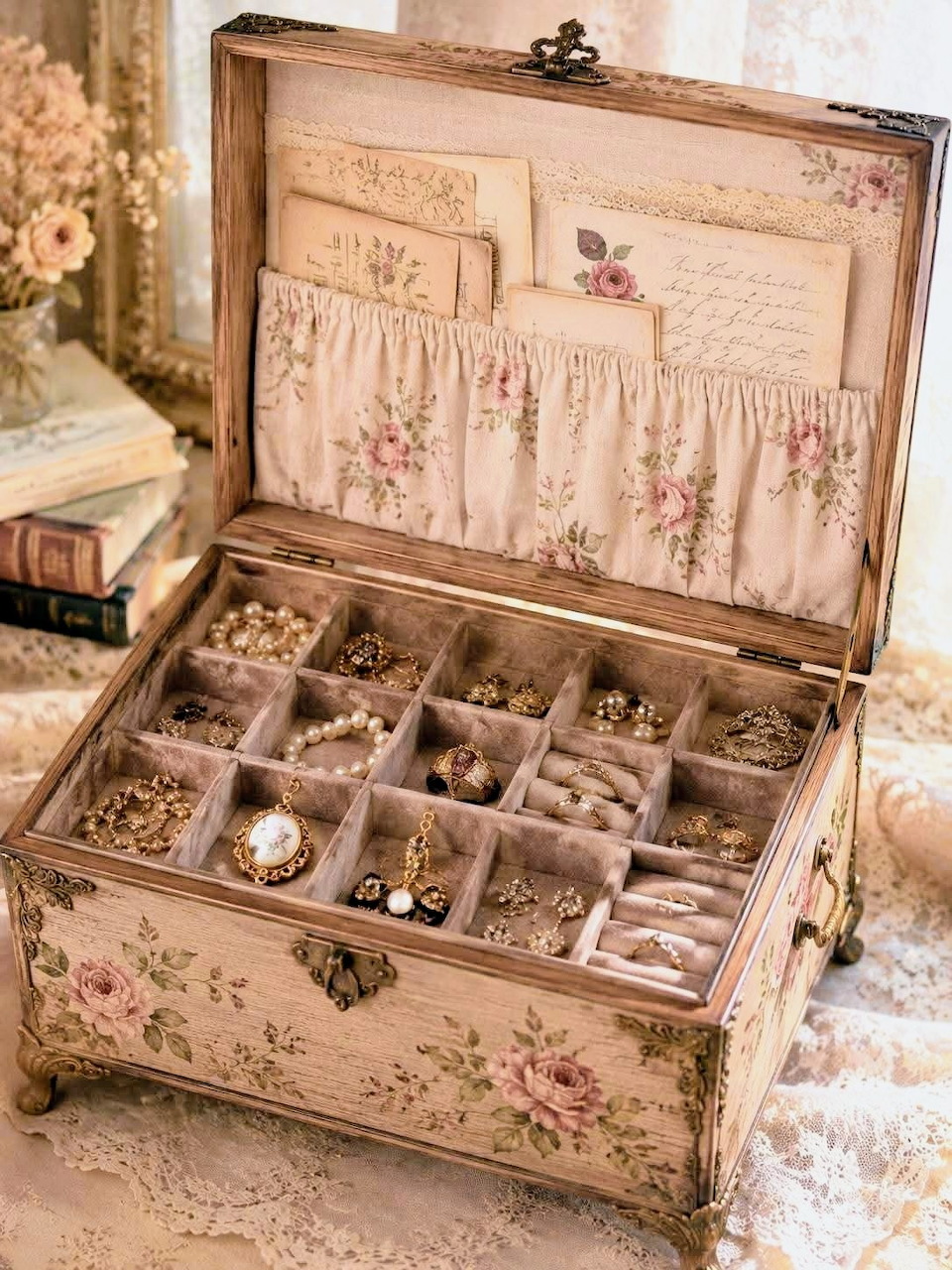 Open vintage jewelry box with floral rose design containing pearls, brooches, and antique jewelry