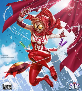 Iron Man flying upward in red armor with flowing cape against cloudy sky and city buildings