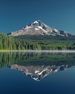 Snow-capped mountain with perfect mirror reflection in tranquil lake, evergreen forest in foreground