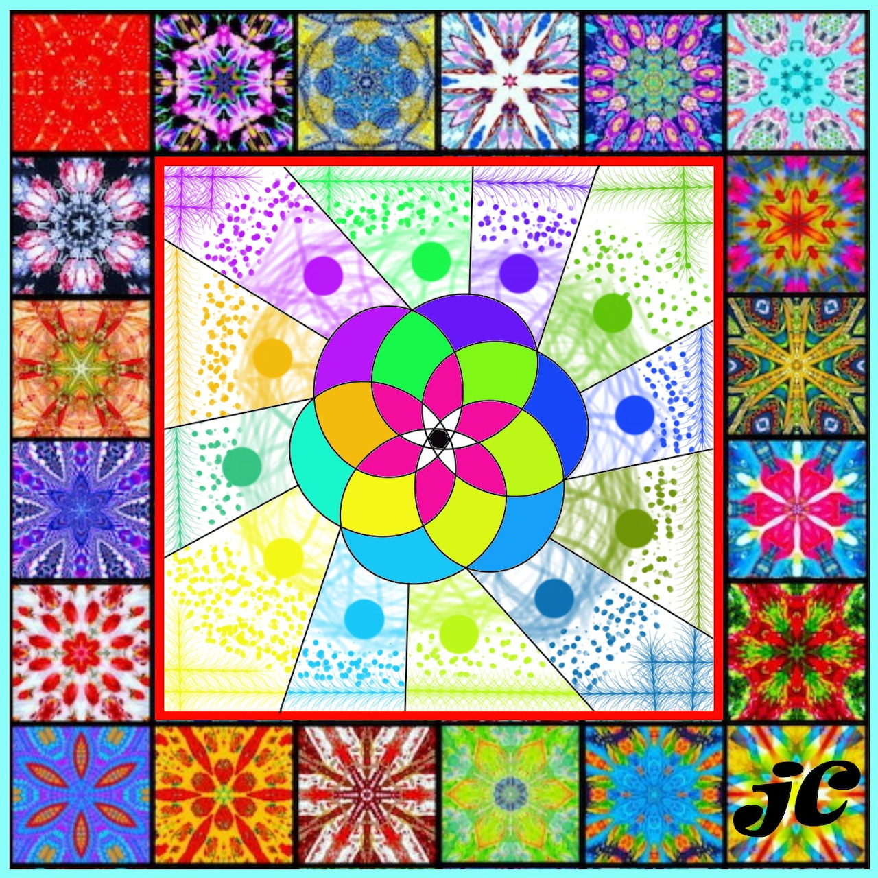 Colorful patchwork quilt with central geometric mandala and decorative border tiles in various patterns