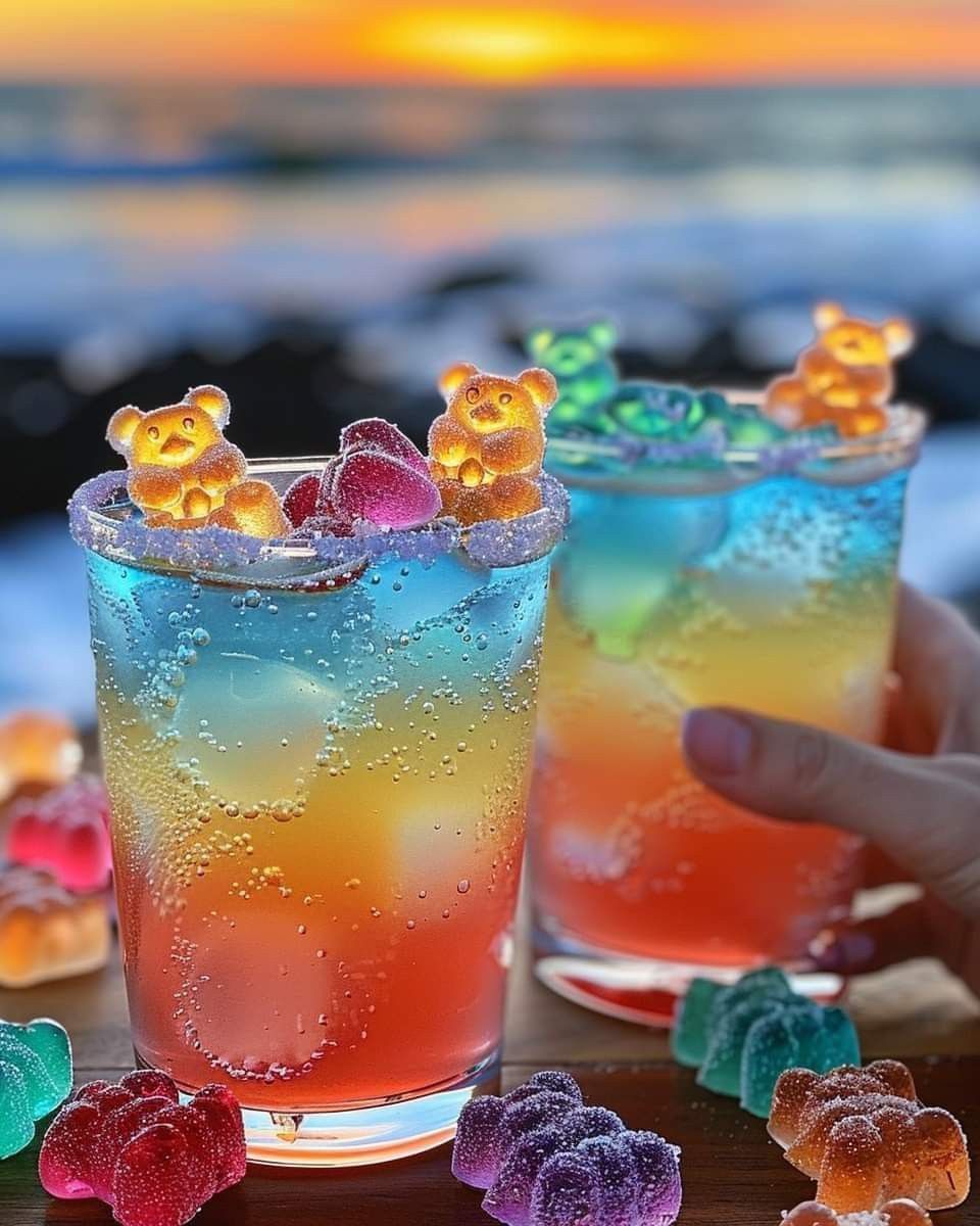 Two rainbow-layered drinks topped with gummy bear candies against a sunset beach backdrop