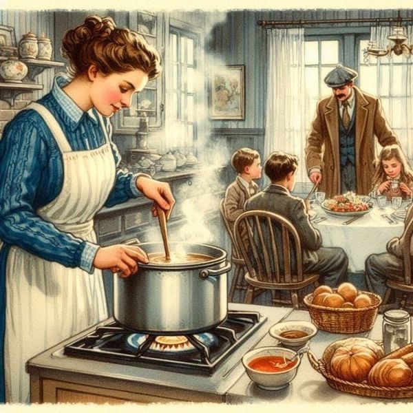 Woman in apron cooking at stove in 1950s kitchen with family seated at table