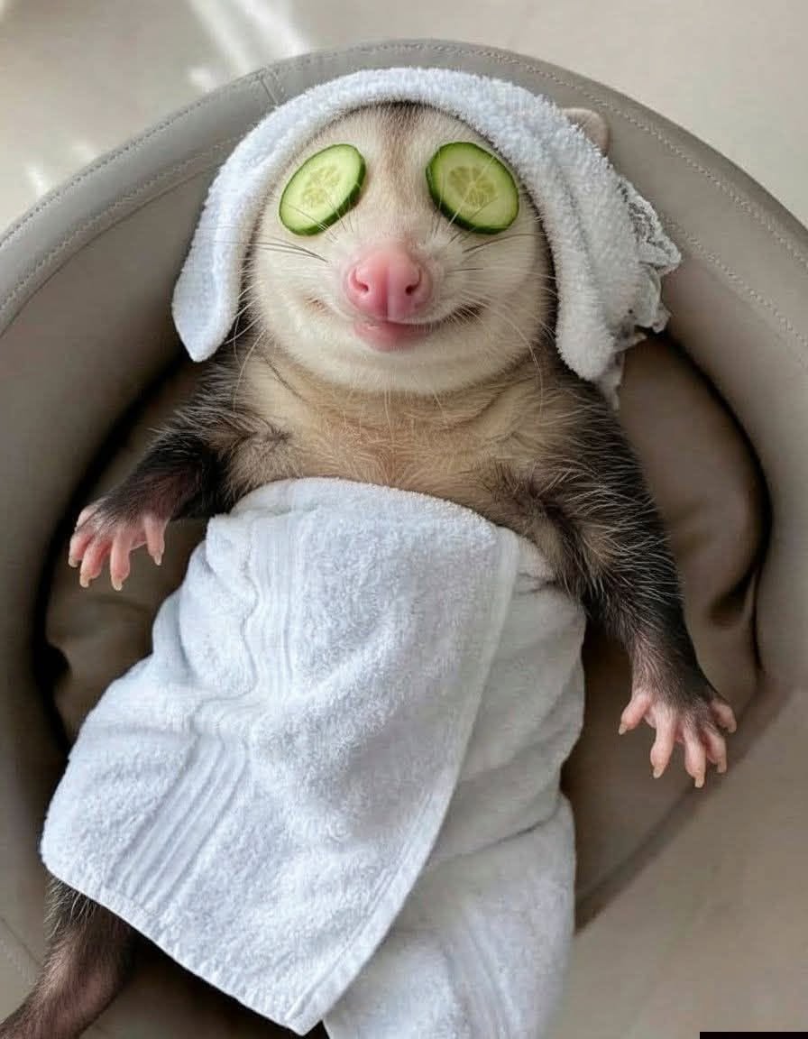 Opossum lying back with cucumber slices over eyes and white towel, mimicking spa relaxation