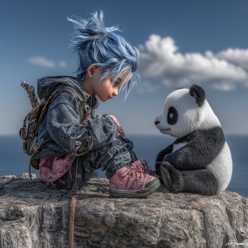 Girl with Panda on Stone Wall