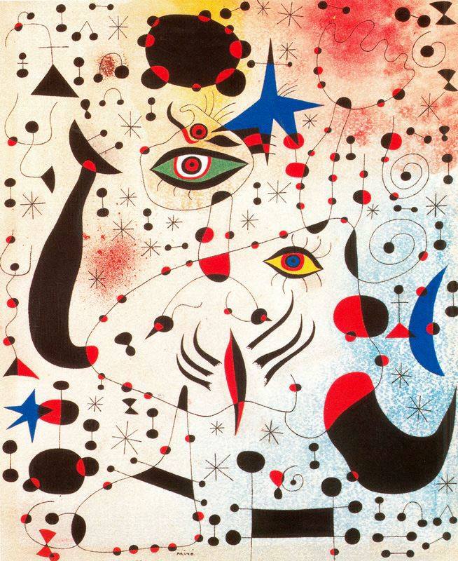 Surrealist painting with abstract eyes, stars, dots, and biomorphic shapes in red, blue, and black