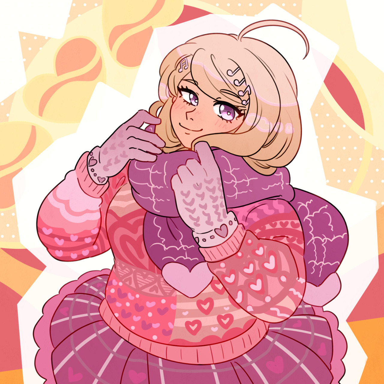 Anime girl Kaede Akamatsu wearing a pink sweater and purple scarf on a warm abstract background