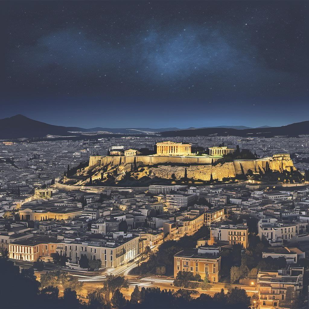 Illuminated Acropolis and Parthenon on a hill above Athens cityscape under a starry night sky