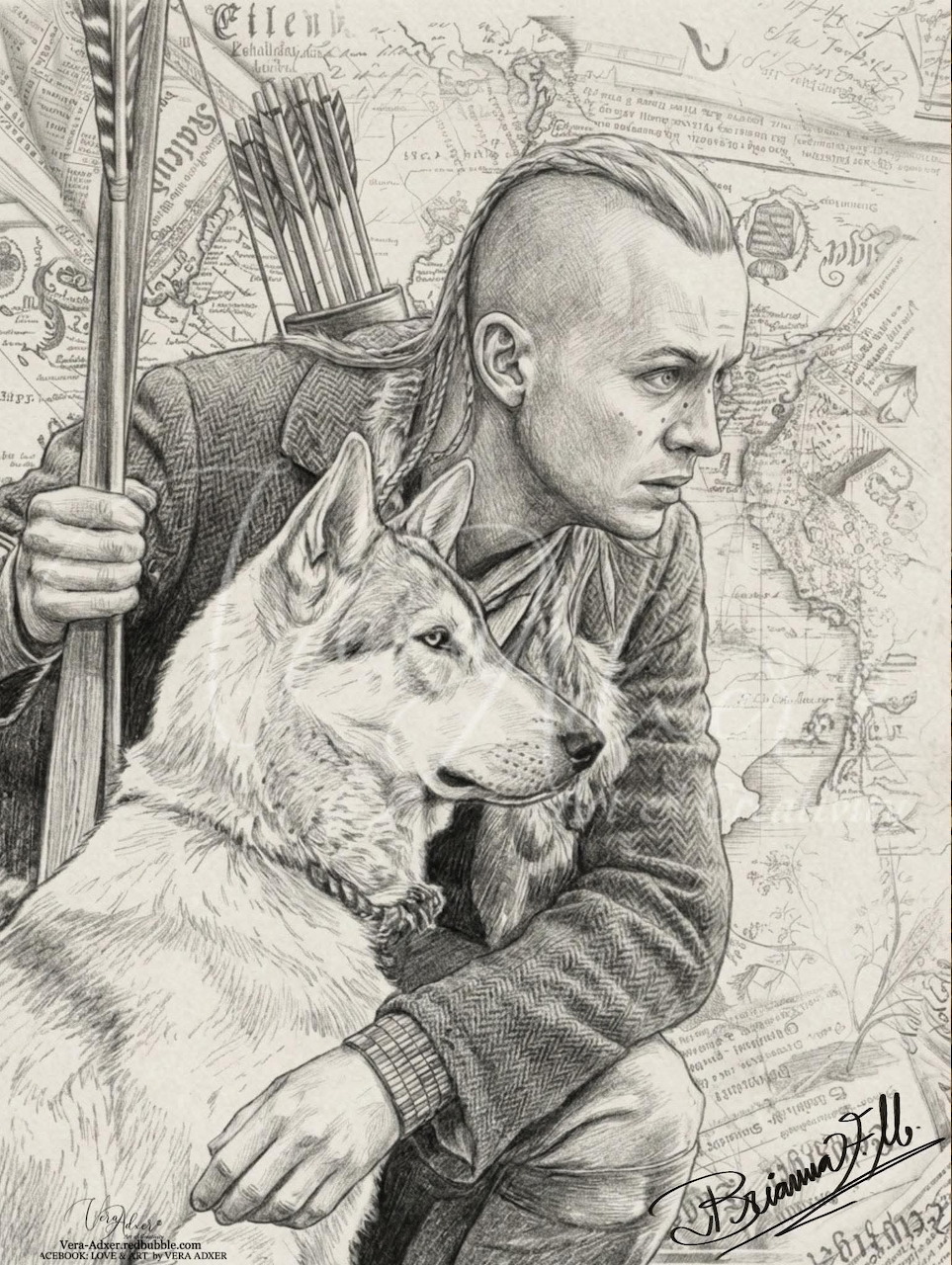 Pencil drawing of a young archer with arrows and a husky wolf, map in background