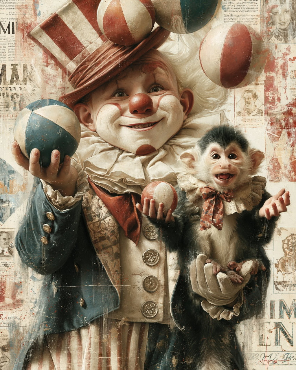 Vintage-style circus clown in red and white hat juggling balls, holding a small monkey, newspaper background