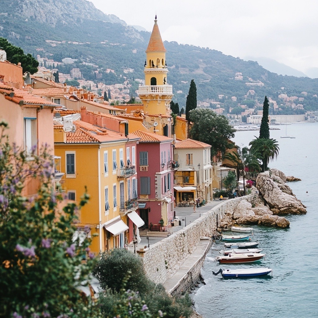 Colorful seaside village with pastel houses, bell tower, boats, and calm blue water
