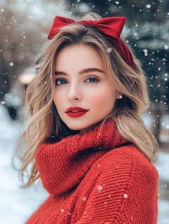 Girl With Red Bow in Snow