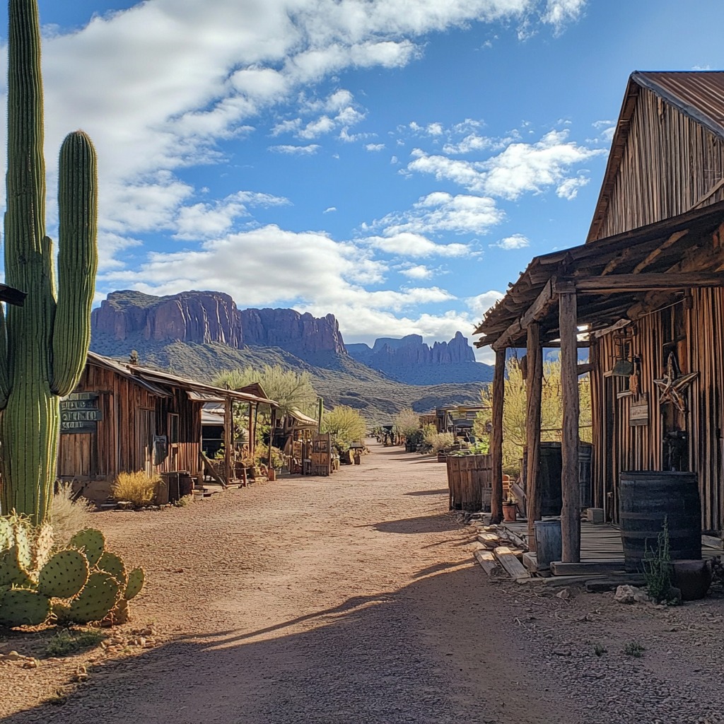 Dusty street in Goldfield Ghost Town with wooden buildings, cacti, and desert mountains
