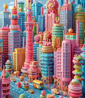 Colorful fantasy city with candy-shaped skyscrapers and pastel streets