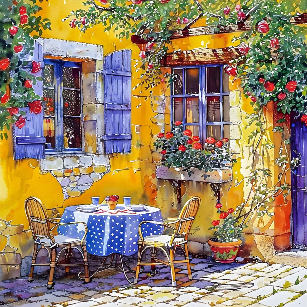 Sunny yellow patio with blue shutters, climbing flowers, and bistro table with blue polka dot tablecloth