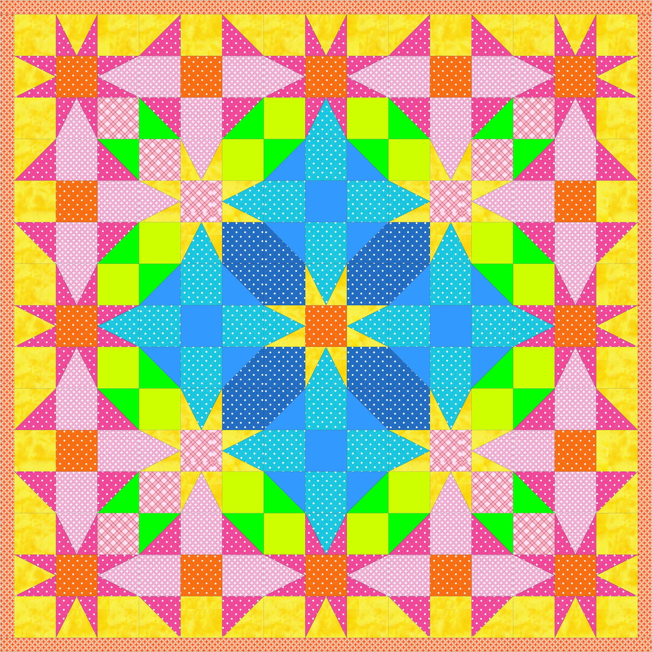 Colorful geometric quilt block with pink stars, blue center medallion, and green accents in symmetrical patchwork pattern
