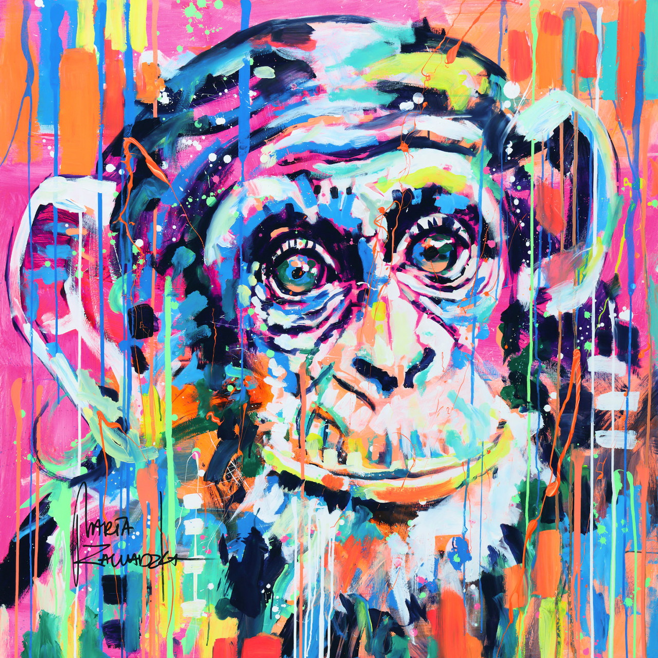 Colorful abstract portrait of a chimpanzee with dripping paint and bright neon colors
