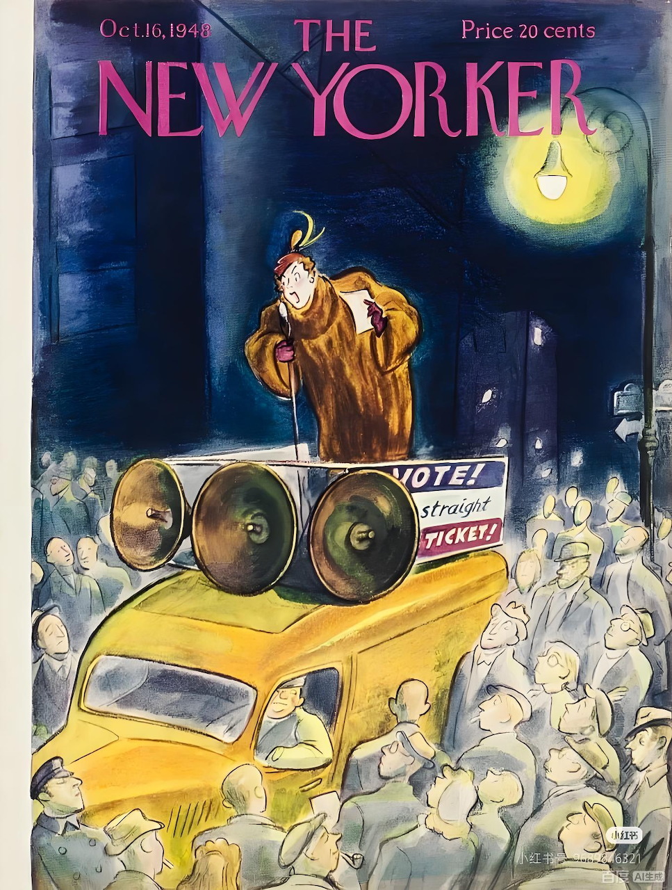 New Yorker magazine cover showing golden-robed figure on yellow taxi surrounded by crowd under moonlight