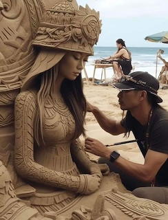 Artist carving an intricate sand sculpture of a woman with elaborate headdress on a sandy beach