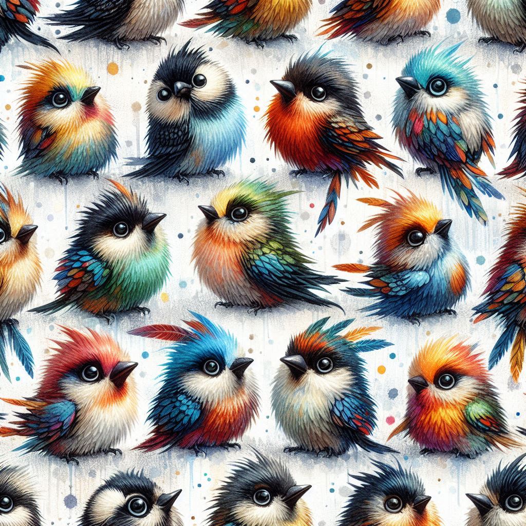 Illustration of many fluffy colorful birds in bright blue, orange, red, and yellow on a white background